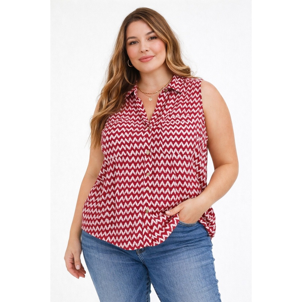 Jachs Girlfriend Button Down Top Womens XL Red White Geometric Sleeveless Blouse